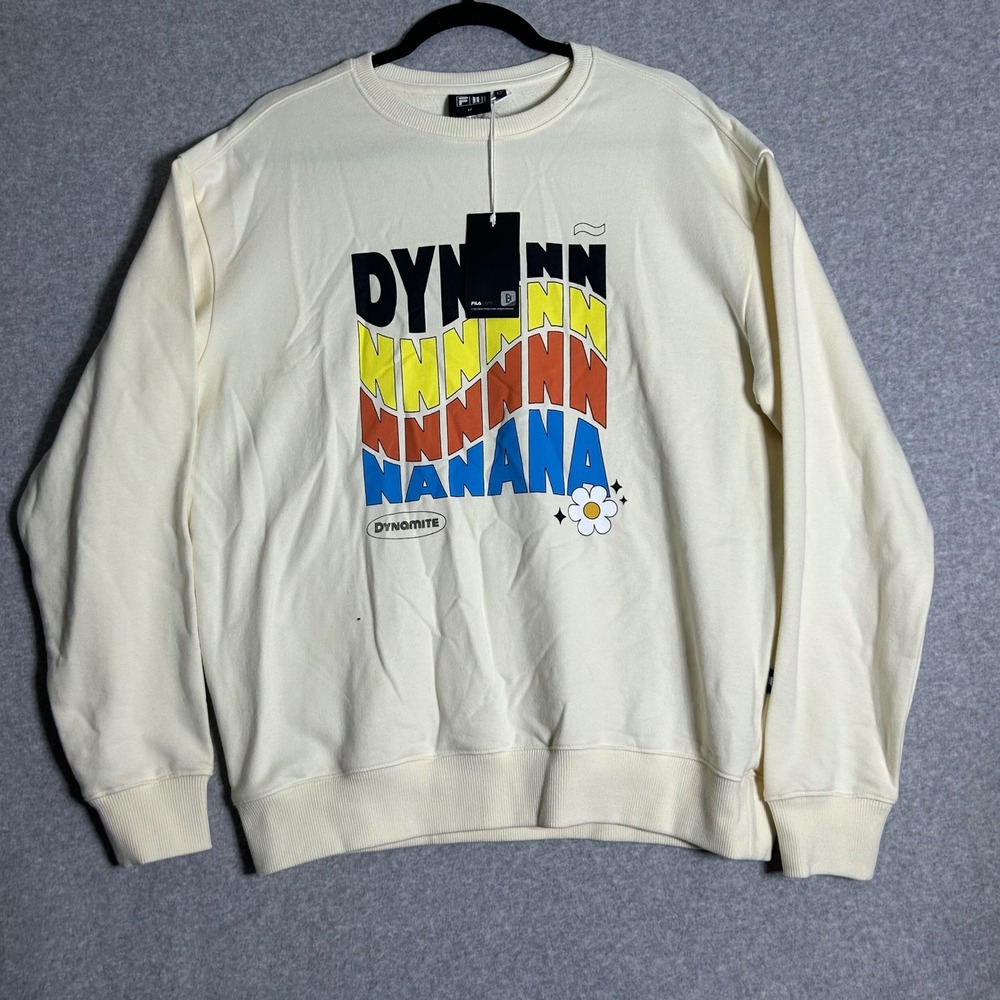 FILA x BTS Dynamite Crewneck Sweatshirt M RM Wave Logo Beige NWT Retro 70s Style